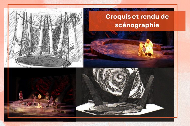 Croquis de sc�nogrpahie et rendu sur la sc�ne de th��tre